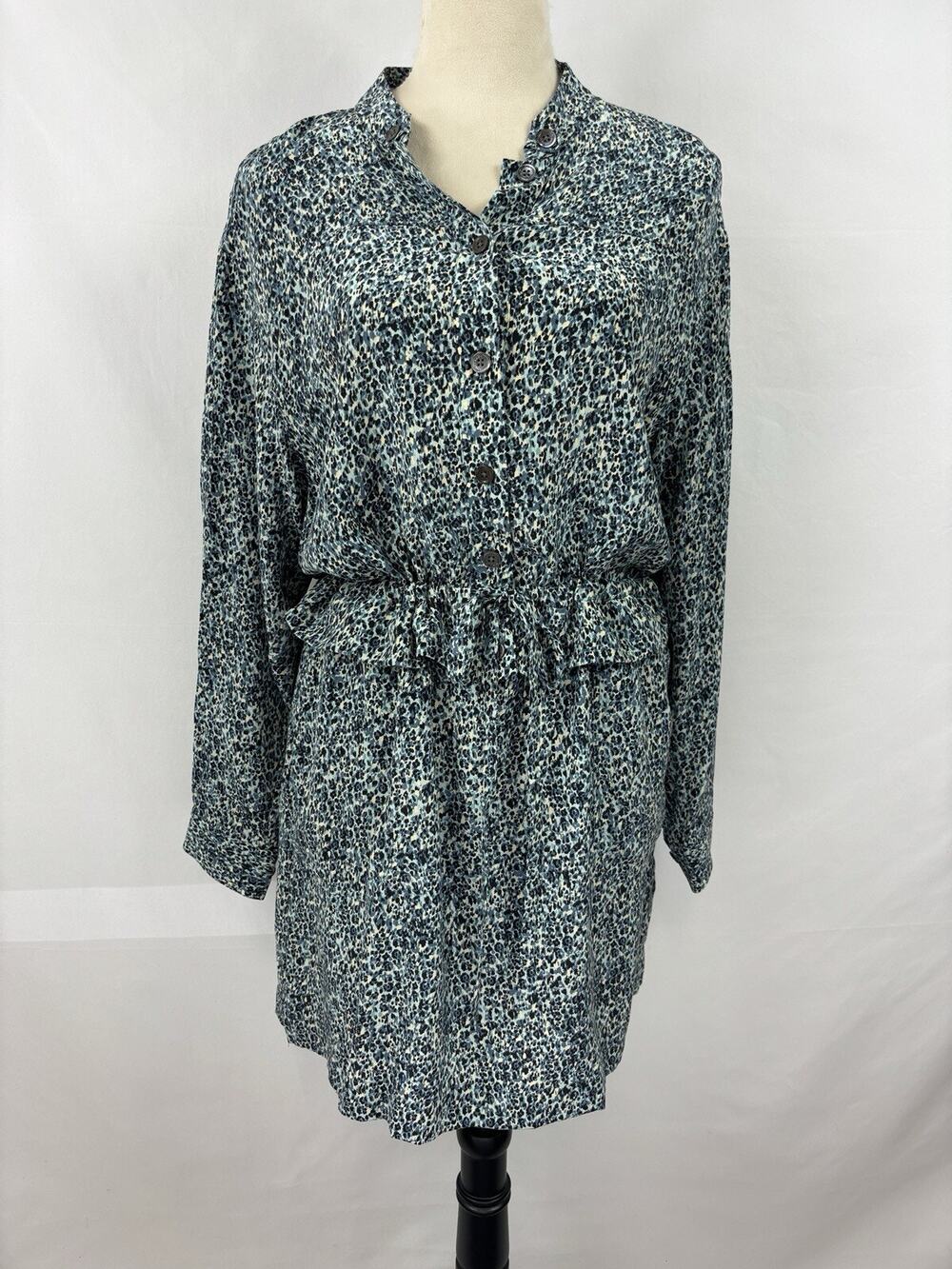 Equipment Shirt Dress Blue Animal Leopard Print 8 Silk Long Sleeve Drawstring